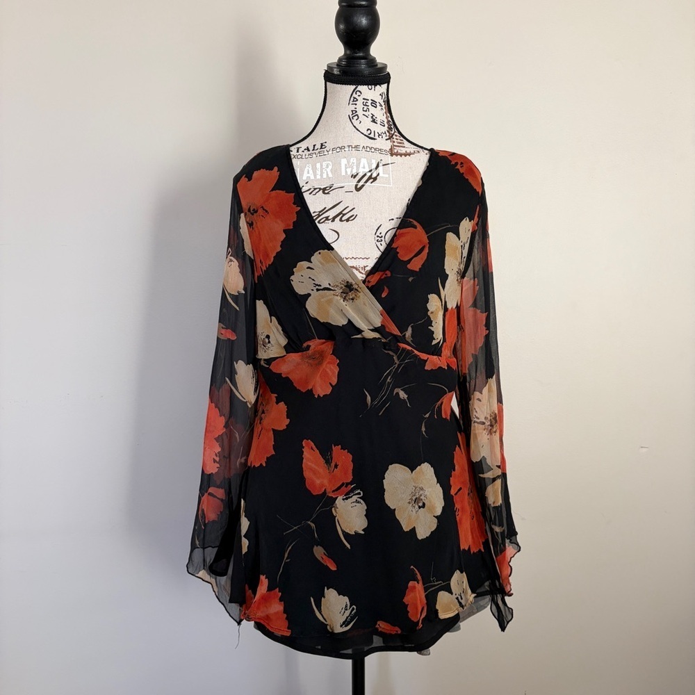 Y2K Black Floral Long Sleeve Wrap Blouse - Unbranded